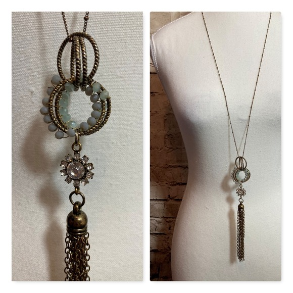 Boho Imports Jewelry - Boho‎ Lariat Tassel Necklace Bronze Tone Aqua Faceted Beads Layering Stackable